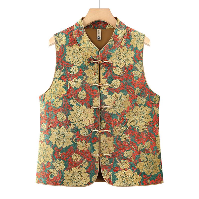 

Plus Size Vintage Floral Sleeveless Chinese Frog Button Vest for Middle-Aged & Elderly Women - Spring & Autumn Fashion Top 3XL [suitable for 120-130 jin] зелёный