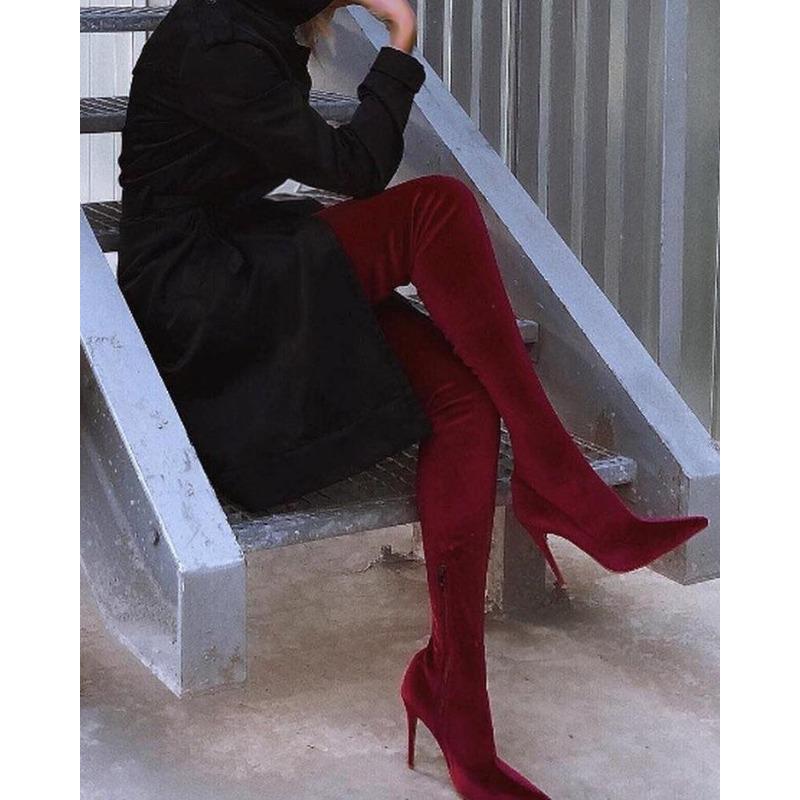 Velvet Over Knee Boots for Women Spring Autumn Pointed Toe Stiletto Heels Elastic Thigh High Plus Size 34-43