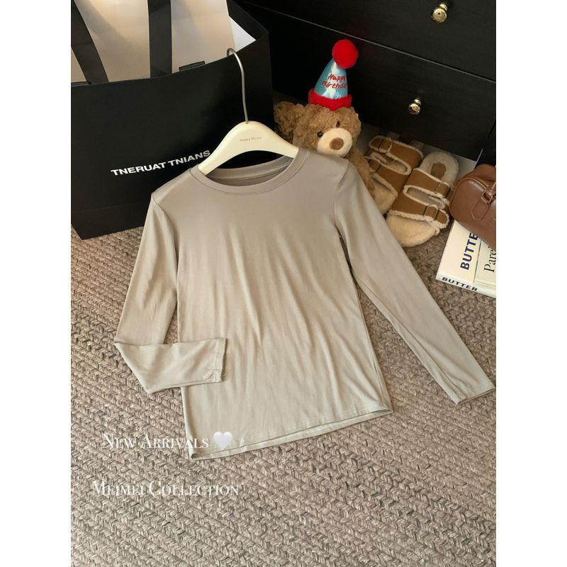 Simple Basic Pure Color All-Matching round Neck Pullover Long Sleeves T-shirt Female Autumn Soft Glutinous Inner Bottoming Shirt Ins Tops
