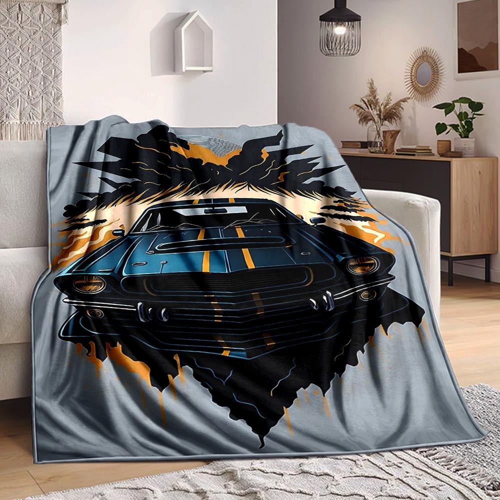 1pc Muscle Car Racing Lightweight Flannel Blanket, Comfortable and Warm Blanket, for Office and Camping Sofa Bed, Livingroom095