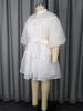 White Button Up Mini Dress with Belted Waist Puff Sleeves and Lace Trim Perfect for Casual Gatherings Parties and Weekend Outings