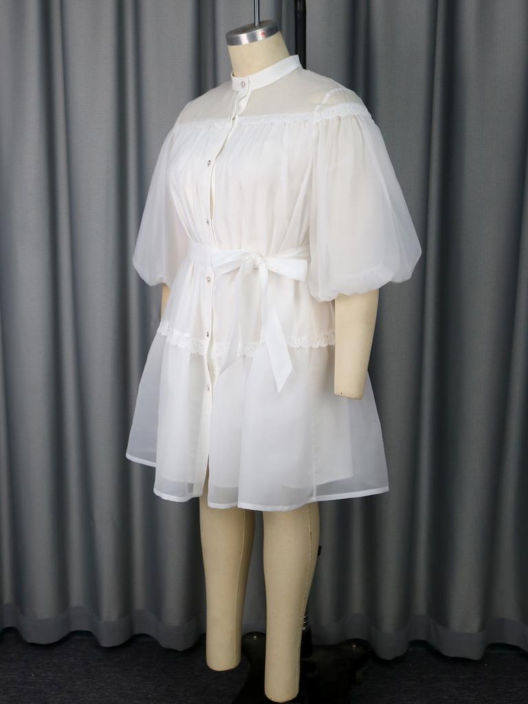 White Button Up Mini Dress with Belted Waist Puff Sleeves and Lace Trim Perfect for Casual Gatherings Parties and Weekend Outings