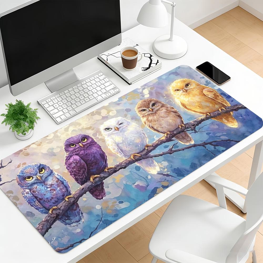 Gaming Mouse Pad Colorful Owl Large Desk Mat Non Slip Rubber Lock Edge Extended Keyboard Computer Laptop Office Game Table