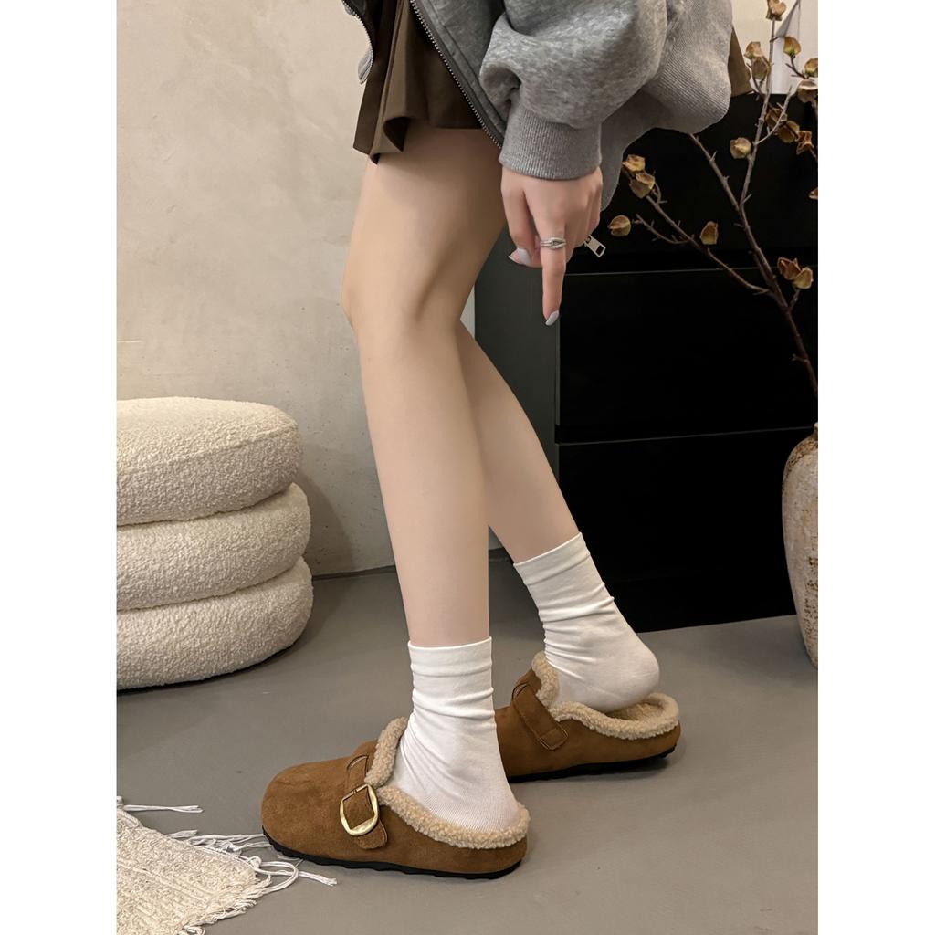 Brown retro heightened thick-soled piled half-drag Birkenstocks women's autumn and winter warm bag head cotton slippers