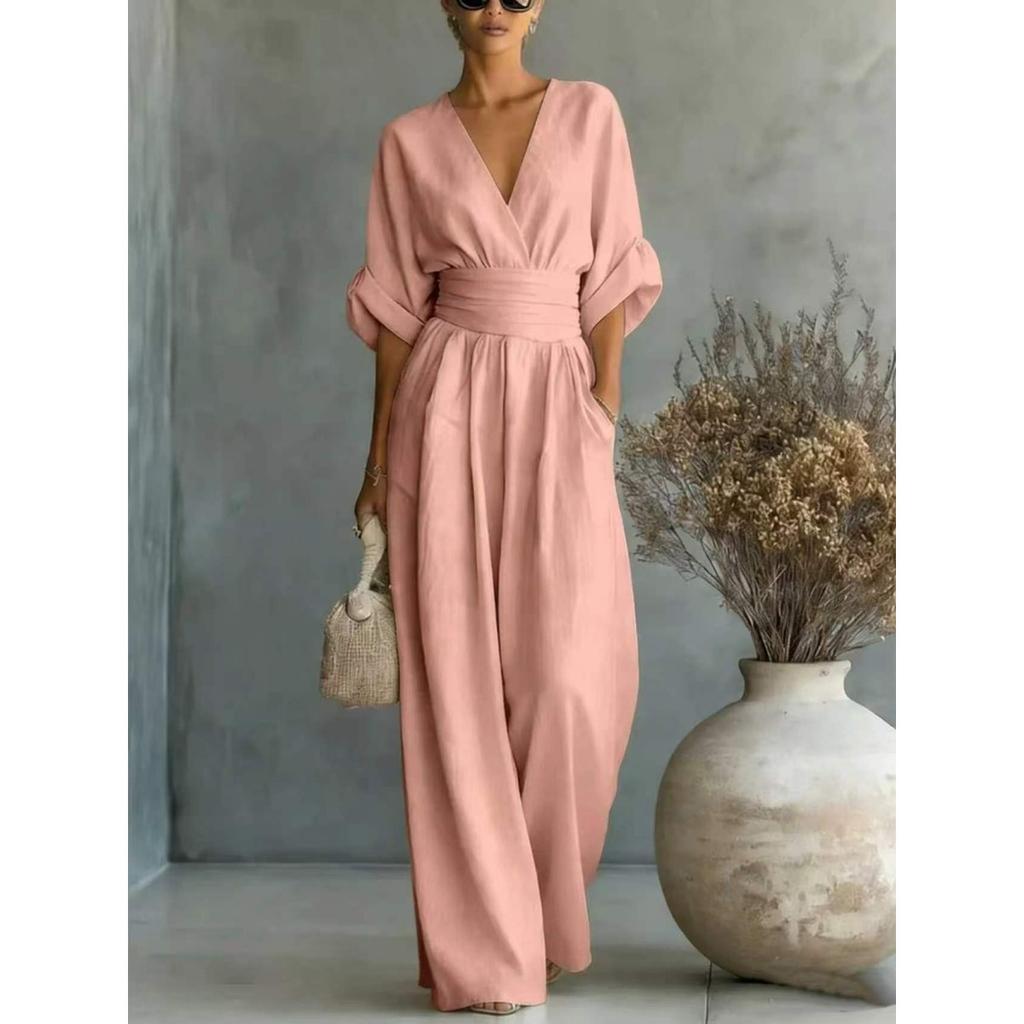 Spring Summer Women's Elegant High Waist V-neck Jumpsuit, Fashion Casual One-piece Romper for European American Crossborder