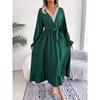 Women's Autumn-winter Style V-neck Lace Pinched Waist Long Dress