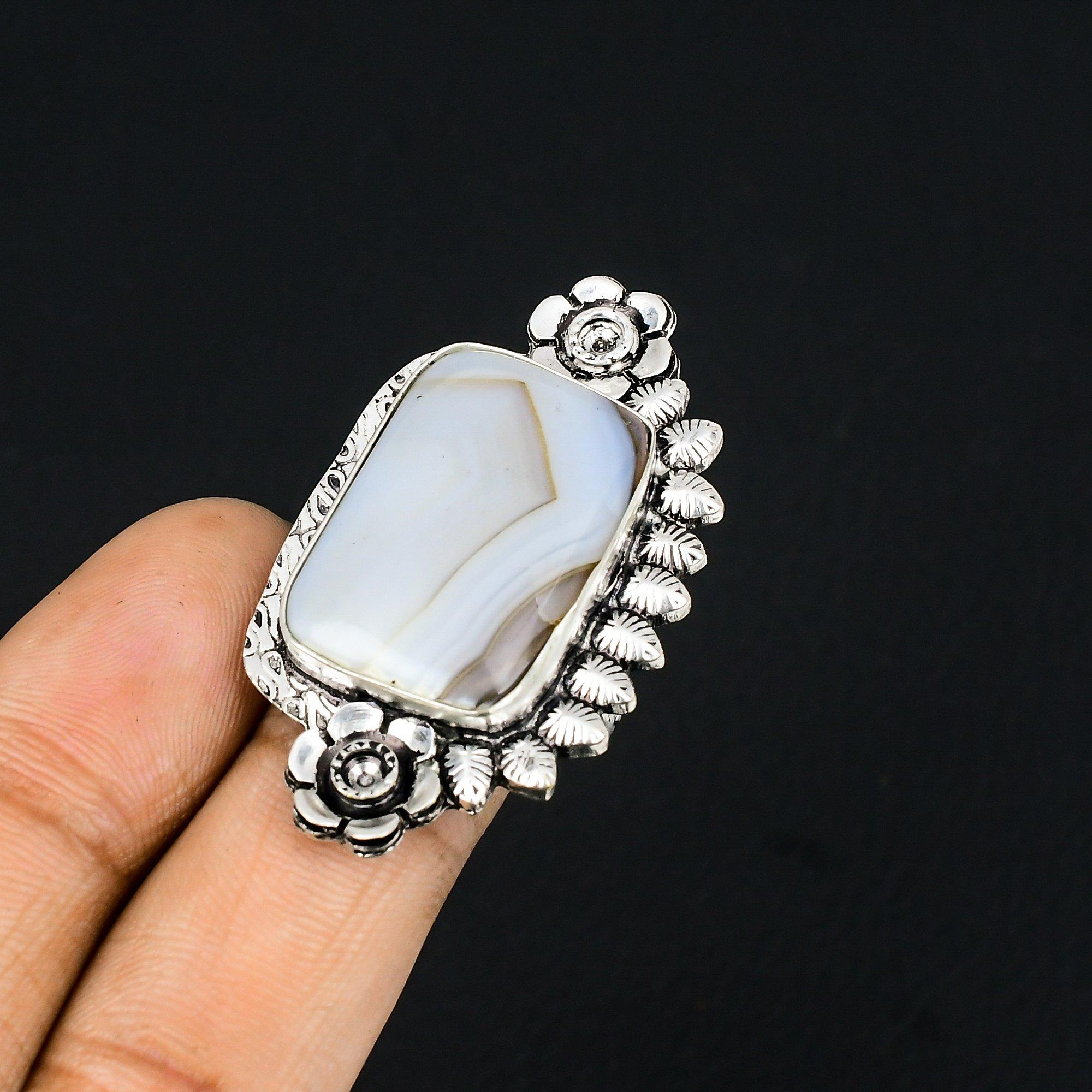 Серебряное кольцо с натуральным агатом Crazy Lace, модное, с цветами, мульти-камень, размер 7.5 7.5