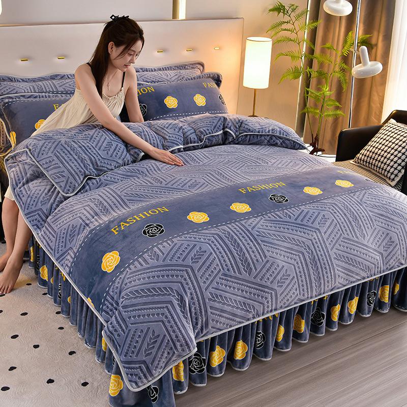 Thickened Milk Fleece Four-Piece Coral Fleece Quilt Cover, Bed Sheet Fleece Double-Sided Fleece Flannel Bedding, Bed Skirt
