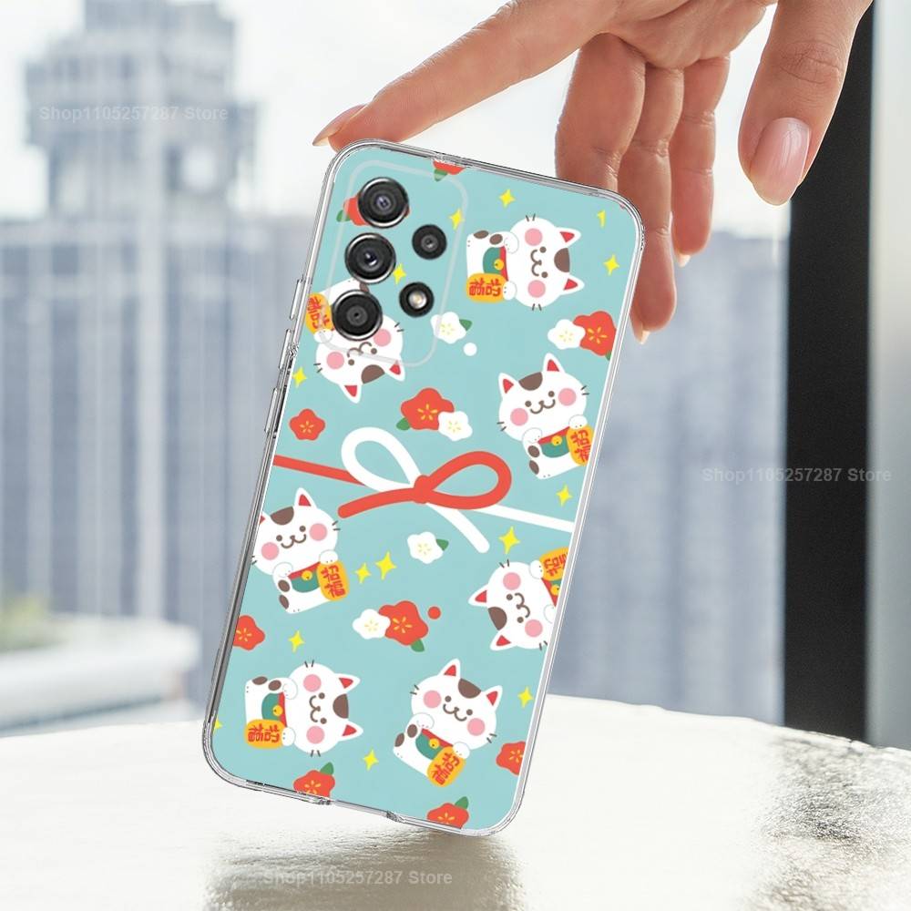 Cartoon Lucky Cat Cute Art Phone Case For Samsung A51,71,30,S21,10,20,Ultra,FE,Lite, S22,23,9,PIus,Transparent, Silicone