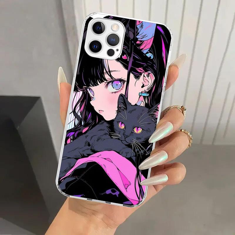 Anime Girls Cute Black Cat Phone Case for Iphone 17 Air 16 15 Plus 14 13 Mini 12 11 Pro Max 16E 7 8 SE 2020 Soft Funda Print She