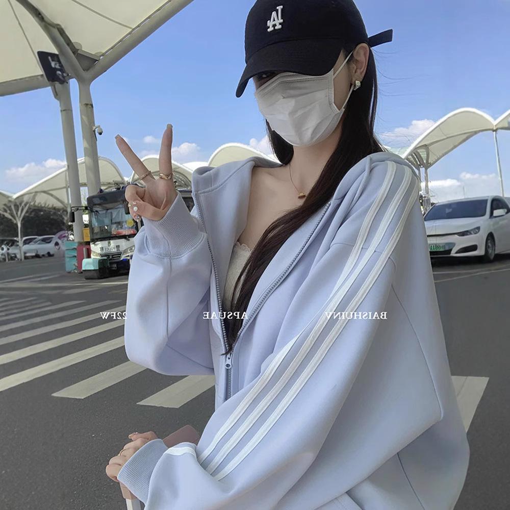 Cárdigan Sudadera Oversize Azul para Mujer, Estilo Coreano 2025, Diseño de Hombro Recto, Corte Holgado, Perfecto para Primavera y Otoño.