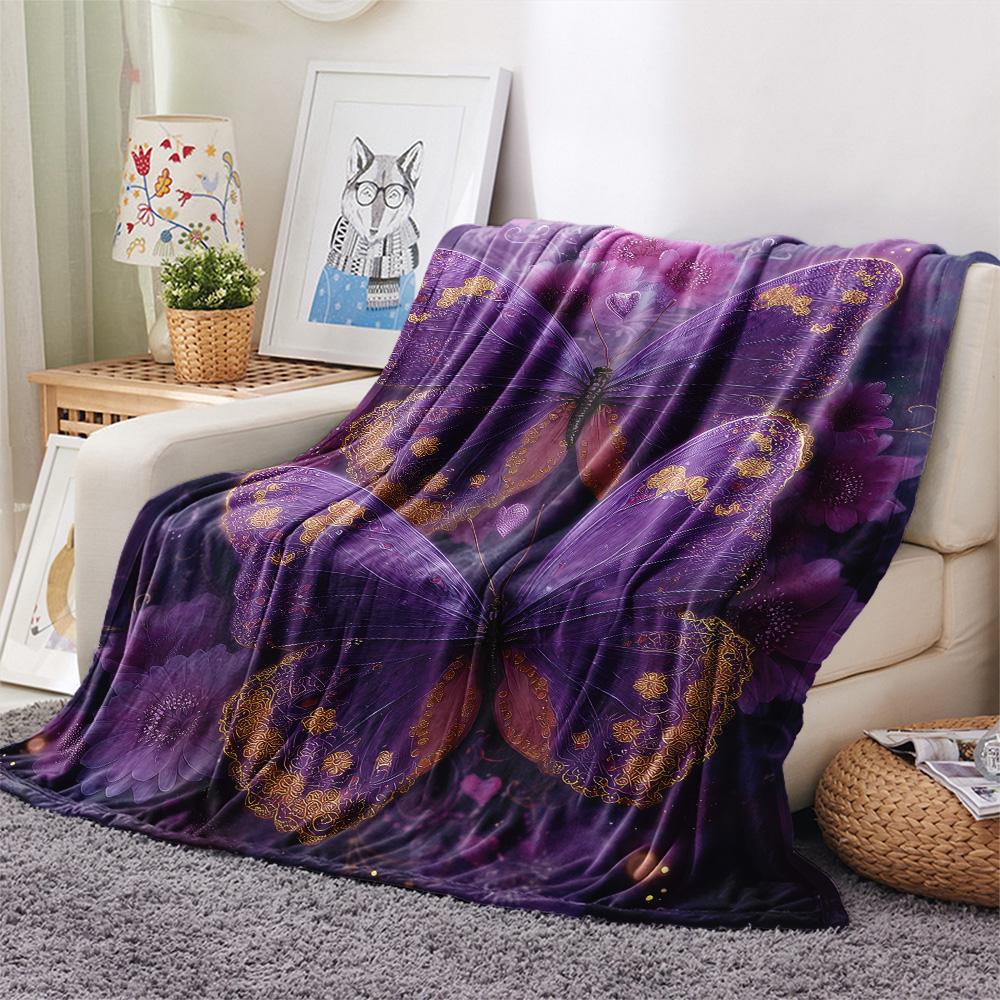 Purple Flower Butterfly  Print Flannel Blanket, High quality Comfortable for All Seasons, Home Decor, Warmth and Comfort