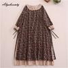 Japanisches Mori-Mädchen Frühling Herbst Damen Midikleid Rüschenkragen Blumendruck Patchwork Retro Kleid Vintage Baumwolle Leinen Stickerei Aushöhlen Kleid