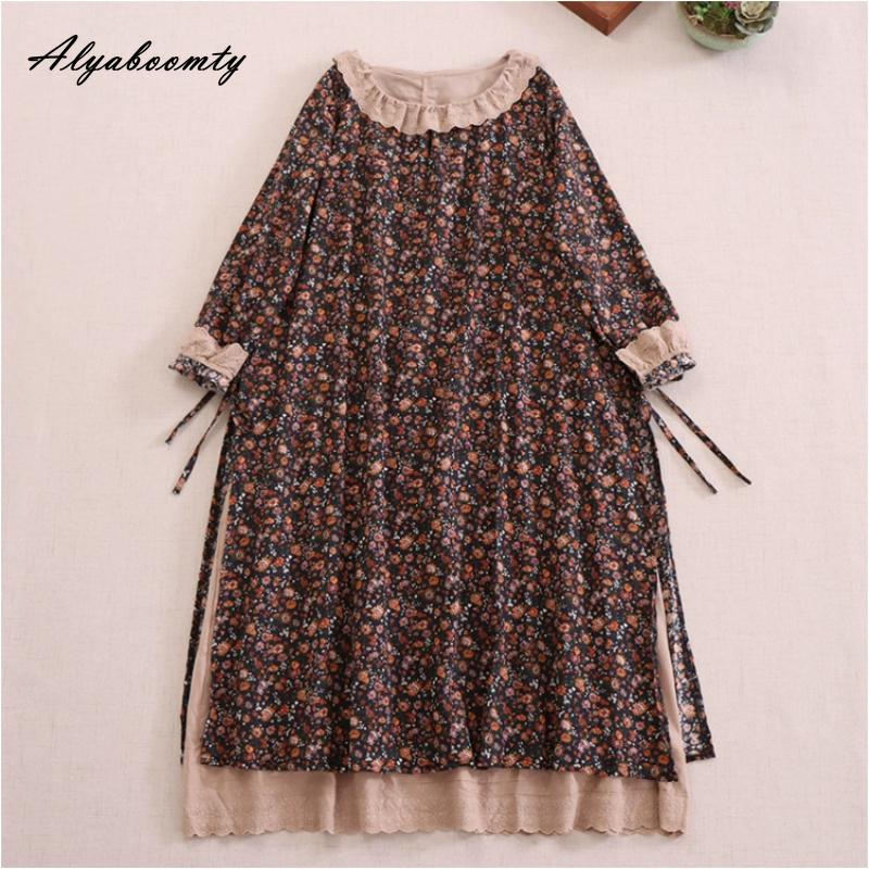 Japanisches Mori-Mädchen Frühling Herbst Damen Midikleid Rüschenkragen Blumendruck Patchwork Retro Kleid Vintage Baumwolle Leinen Stickerei Aushöhlen Kleid