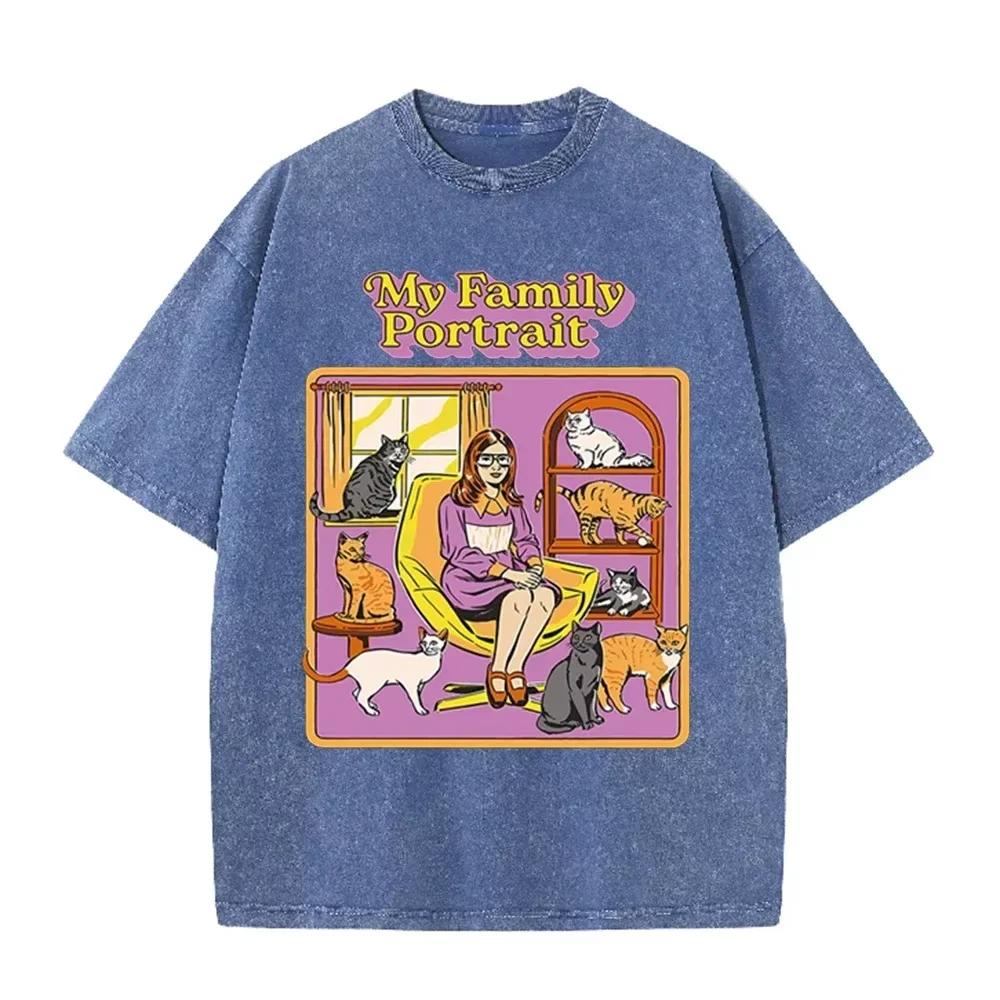 Distressed Purple Vintage Tee Funny Cat Lady My Family Portrait Cartoon Print Loose Oversized Short Sleeve Tshirt