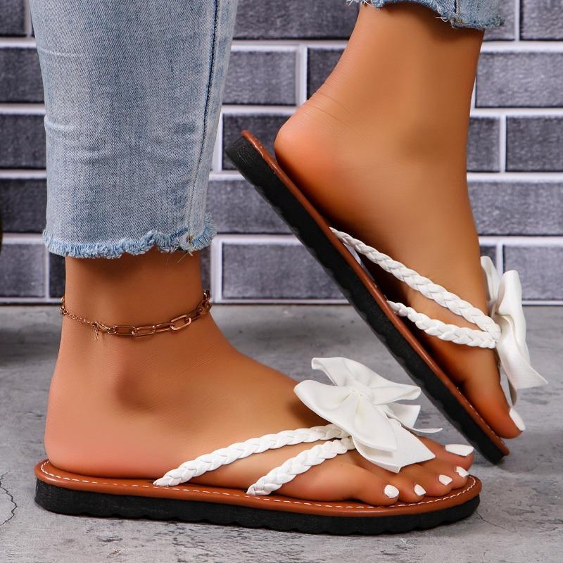 Flat-bottomed flip-flops women's summer new large-size bow beach cool slippers 43