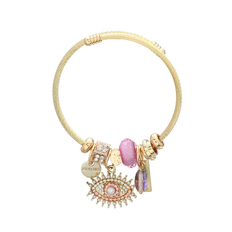 Boho Style Womens Geometric Charm Bracelet With Crystal Eye Pendant Alloy Jewelry 25 Pink