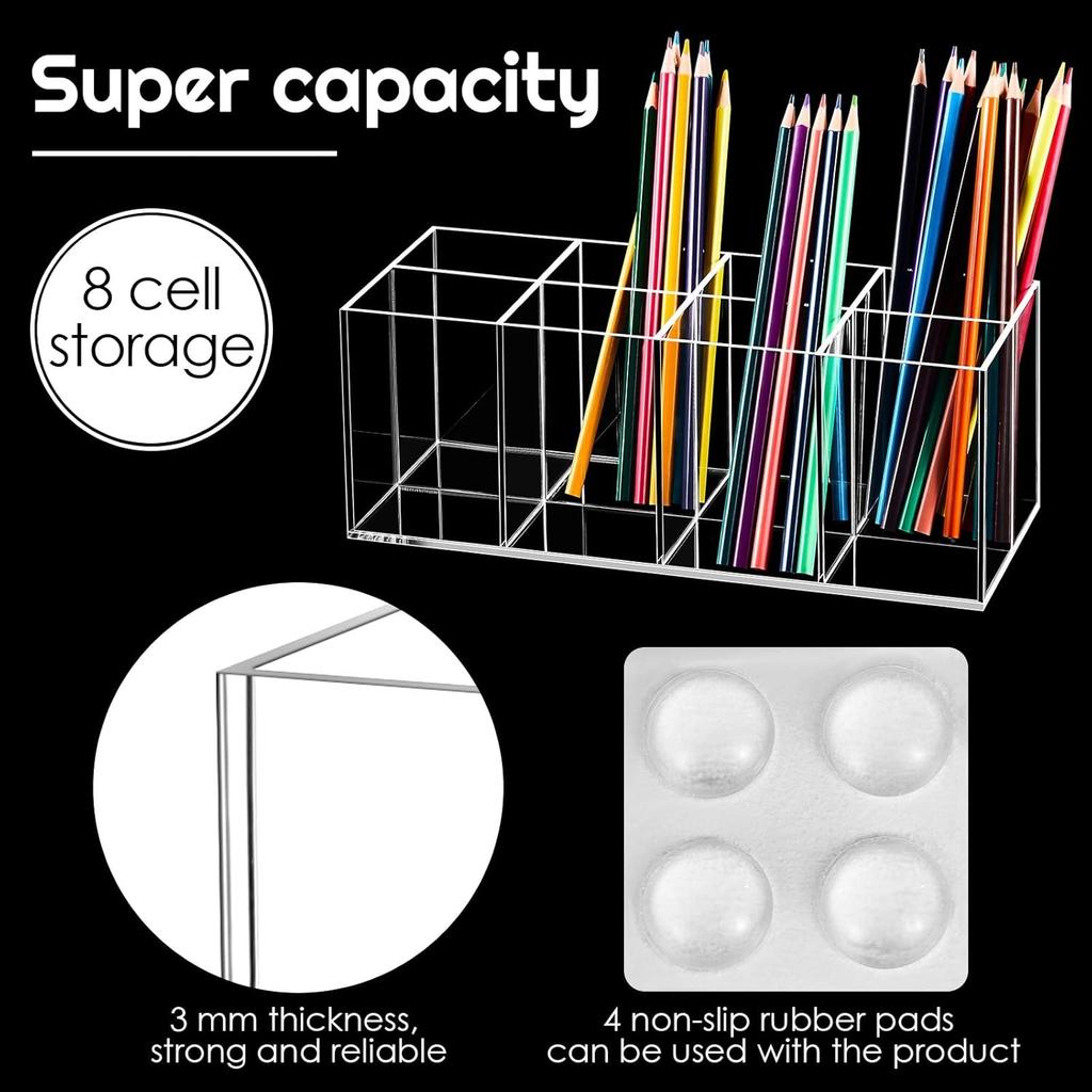 Yulejo 8 Slot Clear Acrylic Pen Holder Makeup Brushes Organizer Holder Eyebrow Pen Container Bathroom Storage Square Cube Deep Organizer Countertop