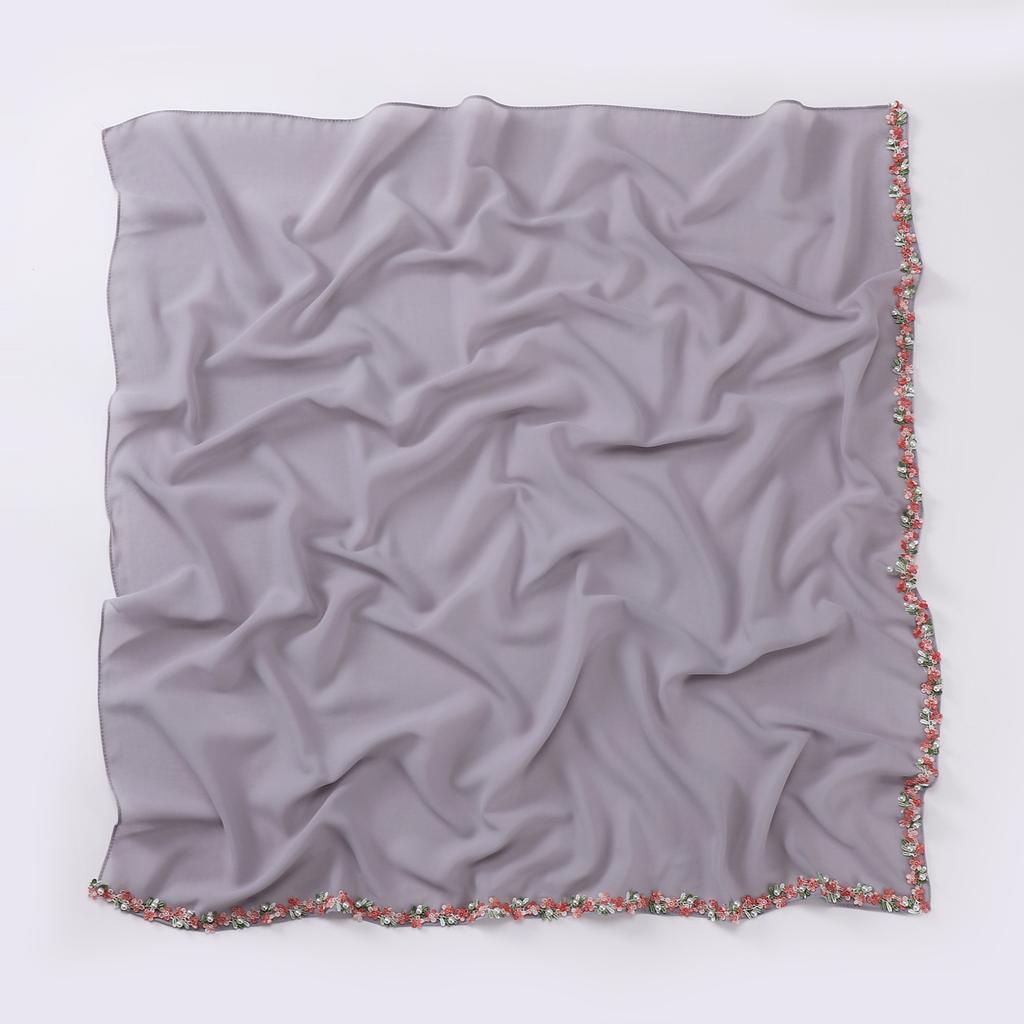 New Luxury 90*90Cm Pearl Chiffon Hijab Floral Chain Bubble Shawl High Quality Beach Bufandas Ramadan Islamic Muslim Square Scarf