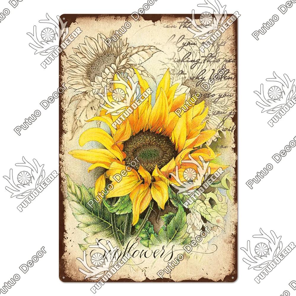 Putuo Decor Lavendel Metallskyltar Plåtposter Metall Vintage Solros Skyltar Retro Blomma Plåtskylt Tusensköna Väggdekor för Hem Trädgård