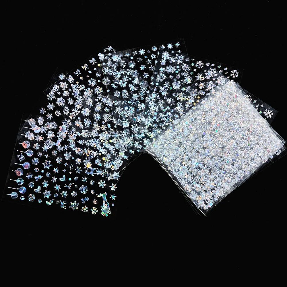 12 buc Laser Sliver Fulgi de nea autocolant Nail Art 3D Bronzing Craciun Decalcomanii unghii Holografic Argintiu/Auriu/Alb Glisoare pentru fulgi de nea