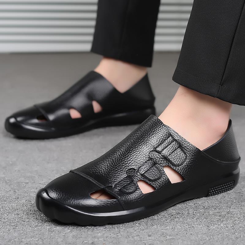 Fashion Designer Brand Men's Leather Sandals Soft Soles Comfortable Men's Beach Casual Shoes Lightweight Work Leather Shoes Retro Brown