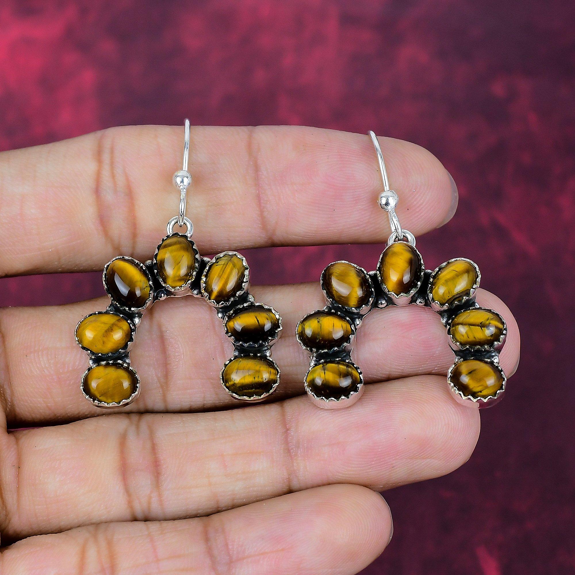 

Tiger s Eye Earrings, Gemstone Handmade Solid 925 Sterling Silver Earring Jewelry, For Memorial Day 1.85 Inches жёлтый