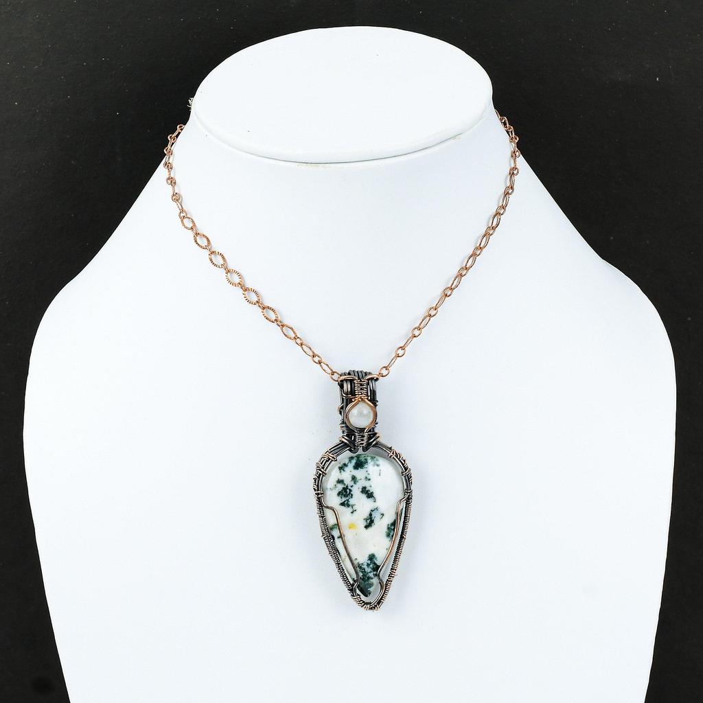 Moss Agate Pendant Copper Wire Wrapped Pendant Rainbow Moonstone Pendant Handmade Jewelry Wrapped Gemstone Pendant Moss Agate Copper Jewelry