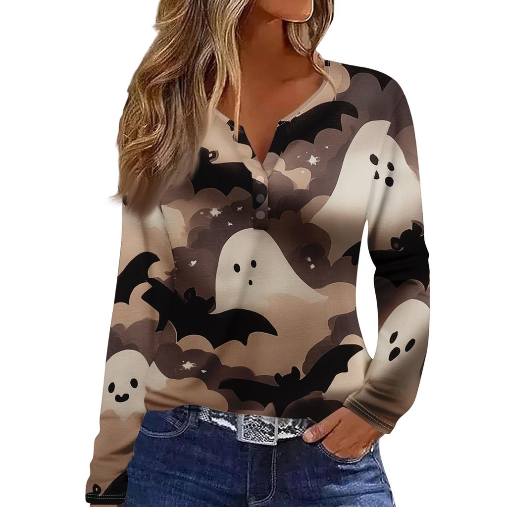 Women's Casual Long Sleeve V-Neck T-Shirt with Halloween Print and Button for Holiday Outfits