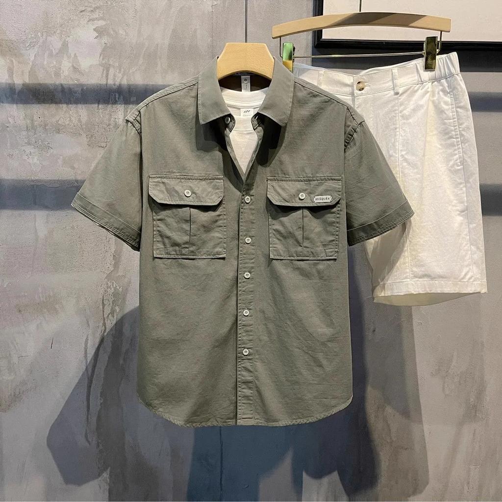 Men's Summer Casual Stylish Loose-Fit Double-Pocket Workwear Short-Sleeve Shirt with Collar