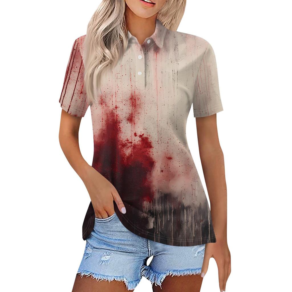 Dámská móda Ležérní klopa Krátký rukáv Halloweenský potisk Košile Dámské zapínací topy