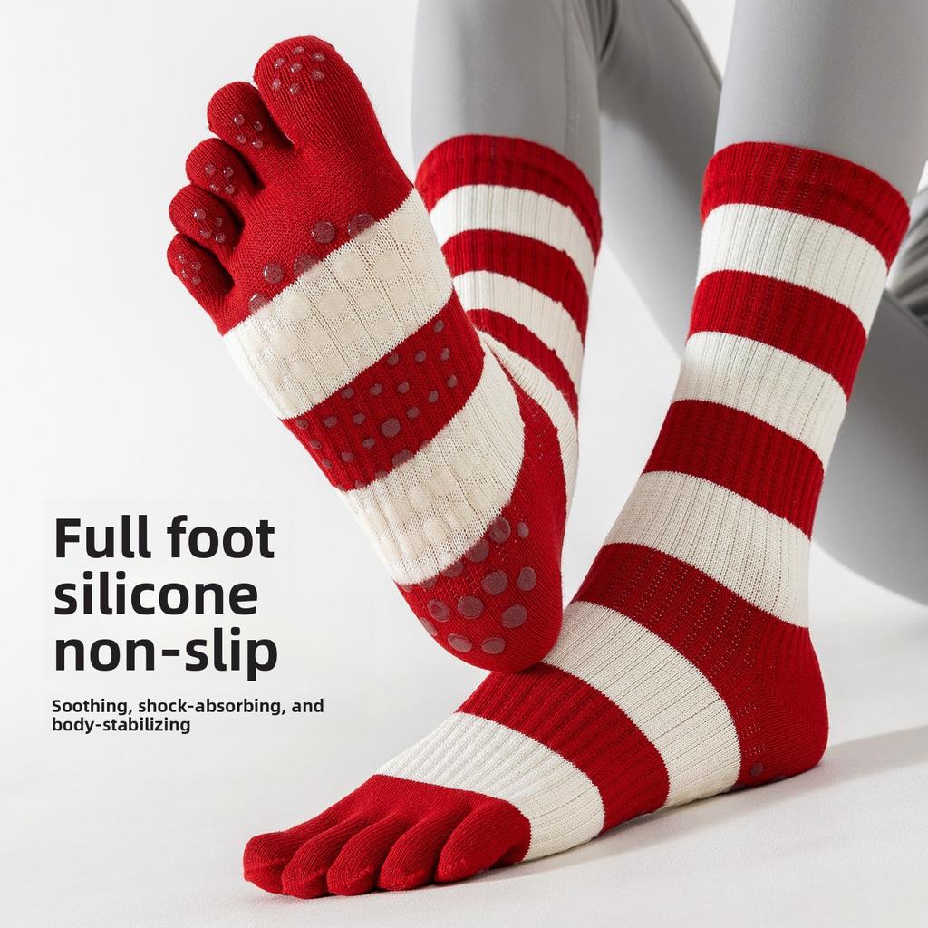 Five-finger Yoga Socks with Anti-slip Properties for Pilates Training Exercises. Red Striped Long Ankle Socks with Split Toes.