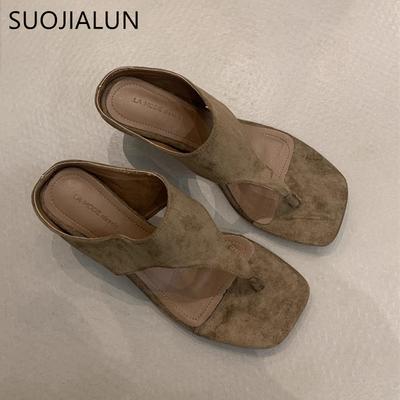 Mode SUOJIALUN 2025 Été Nouveaux Chaussures Plates pour Femmes Mode Bout Carré Slip On Tongs Chaussures Talon Haut Fin Sandales de Robe d'Extérieur Claquettes