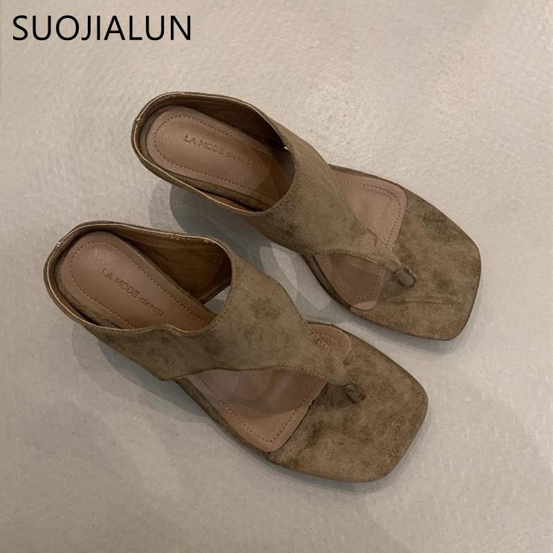 Fashion SUOJIALUN 2025 Summer New Women Flat Shoes Fashion Square Toe Slip On Flip Flop Shoes Thin High Heel Outdoor Dress Sandal Slides