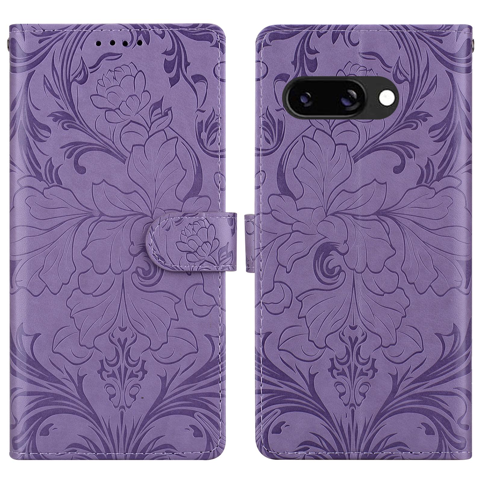 

For Google Pixel 9a Leather Case Imprinted Floral Pattern Wallet Stand Flip Phone Cover Purple
