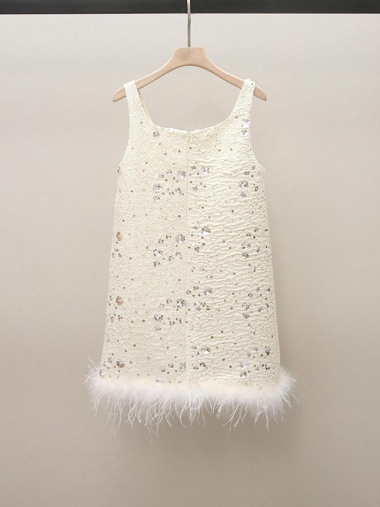 High-End Women's Feather Patchwork Sequin Embroidered Camisole Dress - Spring New Arrival, Elegant Lady-Like Style