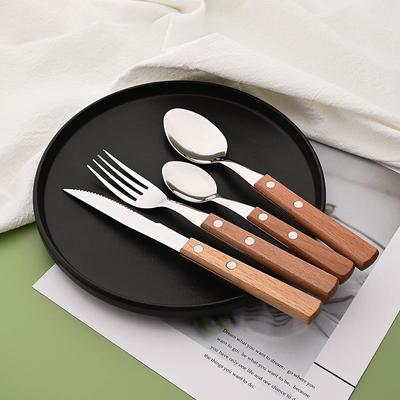Set di Posate 4 Pezzi/Set con Manico in Legno Naturale Set di Posate in Acciaio Inossidabile 304 Posate Occidentali Coltello da Bistecca Cucchiaio Forchetta Cucchiaino Stoviglie da Cucina