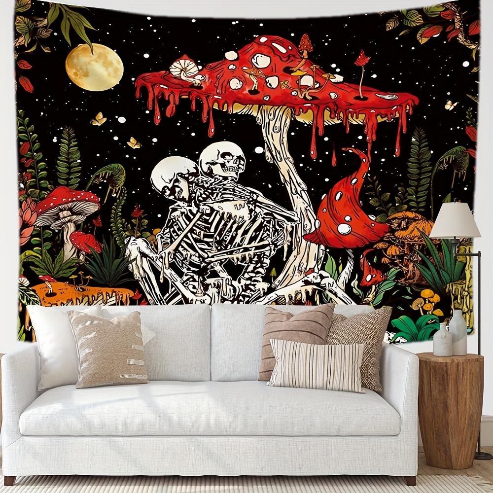 Romantic Skeleton Couple & Magic Forest Tapestry - Vibrant Mushroom, Butterfly & Starry Night Design