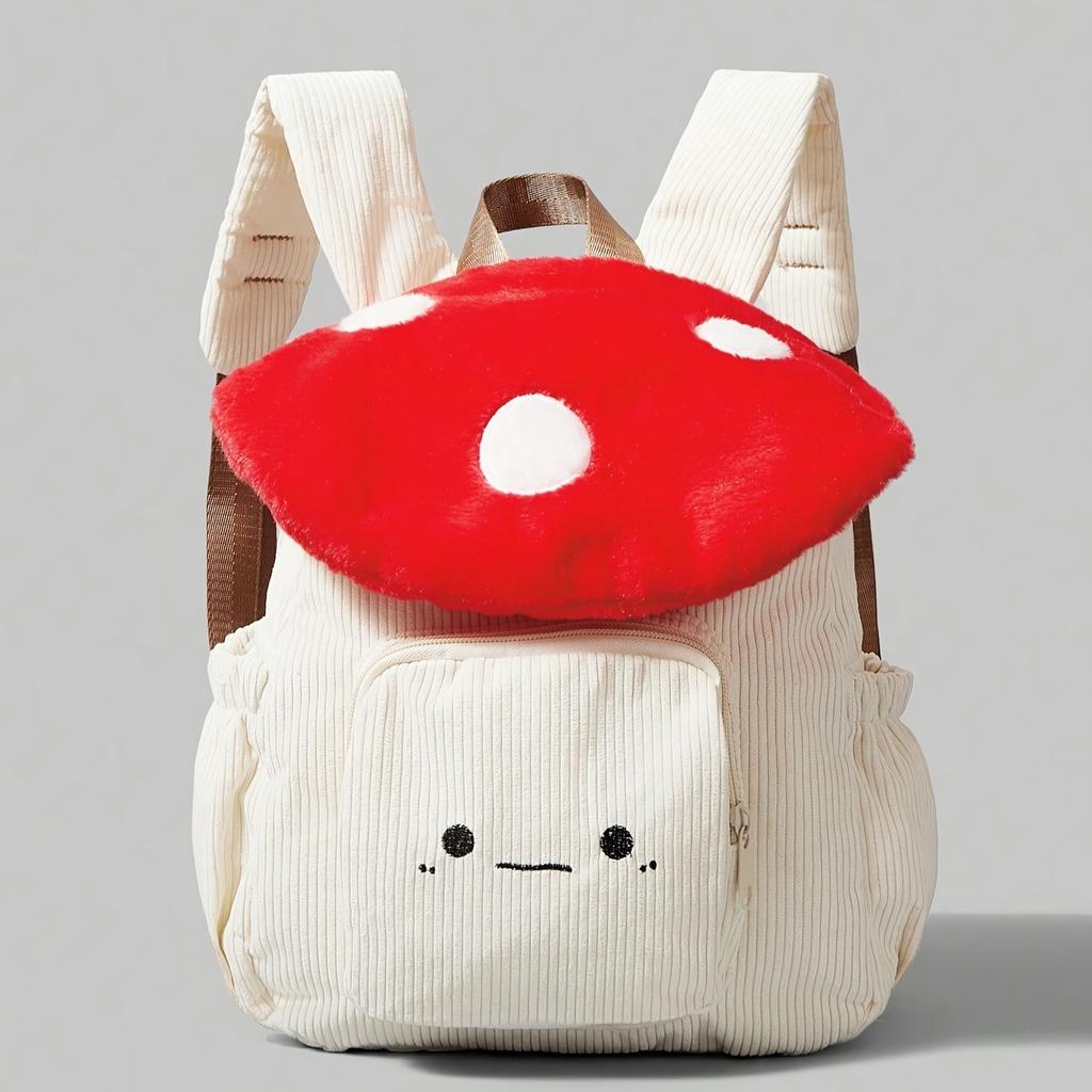 Women's Kawaii Plush Mushroom Backpack Cute Tote Bag with Adjustable Straps Zipper Closure Corduroy Red/White Student Backpacks