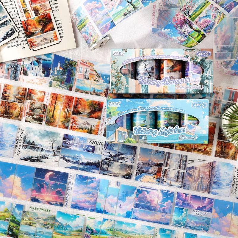 4 Rolls 6.5*200cm Beautiful Oil Painting Landscape Tape Set, Artistic Scenery Design, for Journal Decoration & DIY Crafts