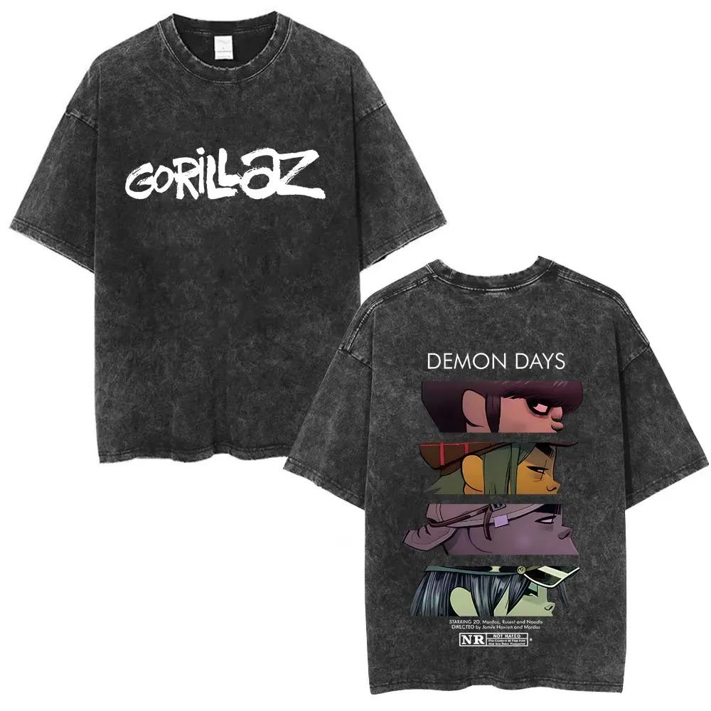 British Classic Virtual Band Gorillaz Poster Tshirt Men Women Streetwear Hip Hop Vintage Washed Cotton Top Oversized Summer Tee