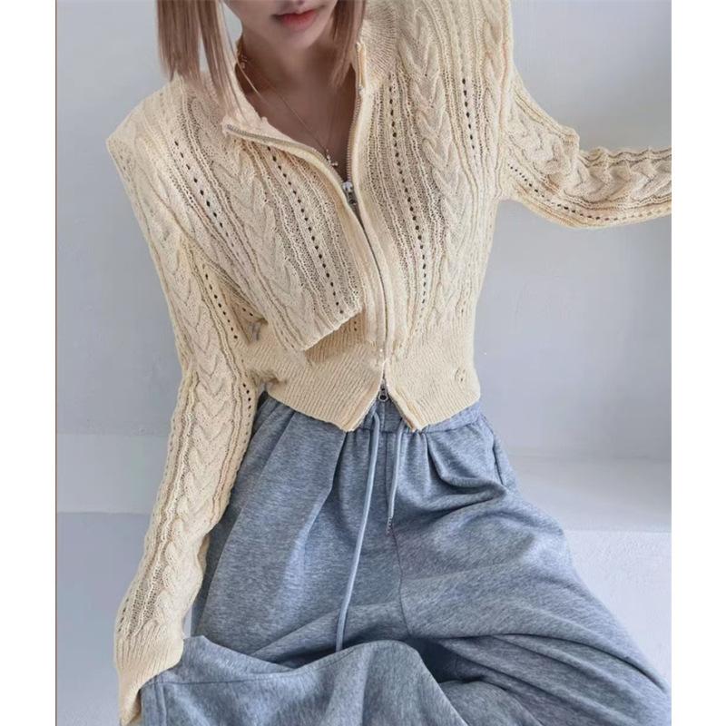 Korean sweater jacket women's stand-up neck zipper twist pattern new knitted cardigan