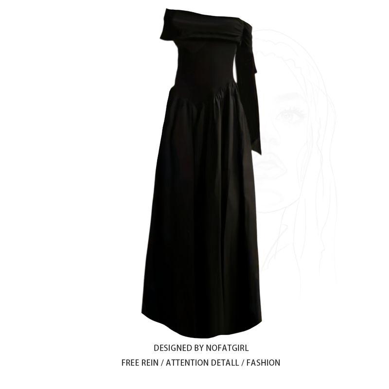 Plus size Chubby Girl French style Hepburn Style off-Shoulder Ribbon Large Skirt Sloping Shoulder Black Dress Women Summer Temperament Long dress Off-The-Shoulder Dress M