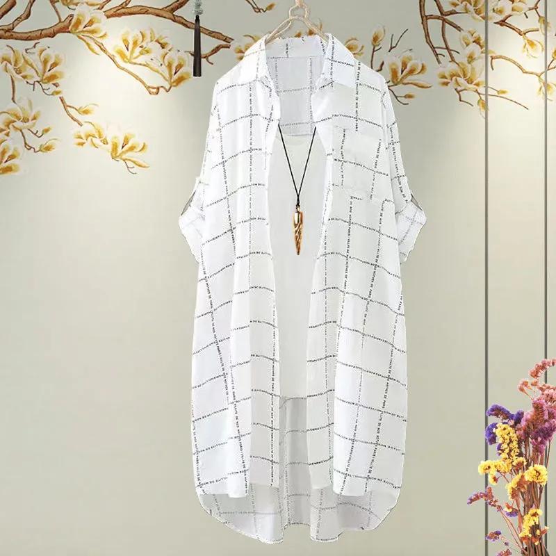 

Рубашка в клетку с длинными рукавами, женский летний кардиган, свободная тонкая куртка, рубашка средней длины с солнцезащитным кремом XXXL белый