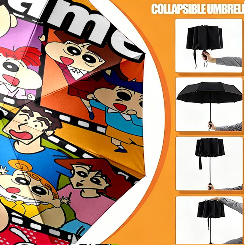 Custom Name Personalized Crayon Shin Print Umbrella, Auto Open Close, 8‑Rib Sturdy Frame, Commute Camping Hiking Use, Birthday Gift