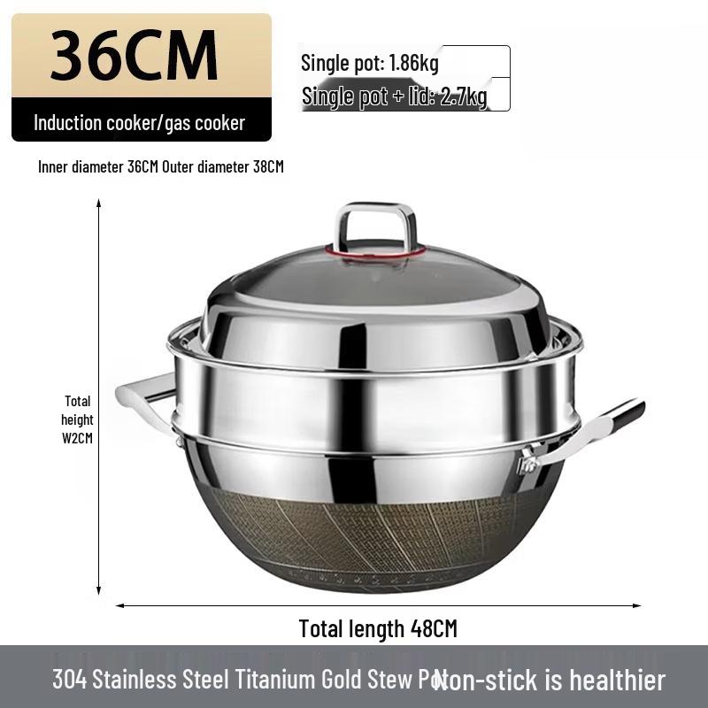 Zhishi 36cm Uncoated 316 SS Wok & Stew Pot with Steamer