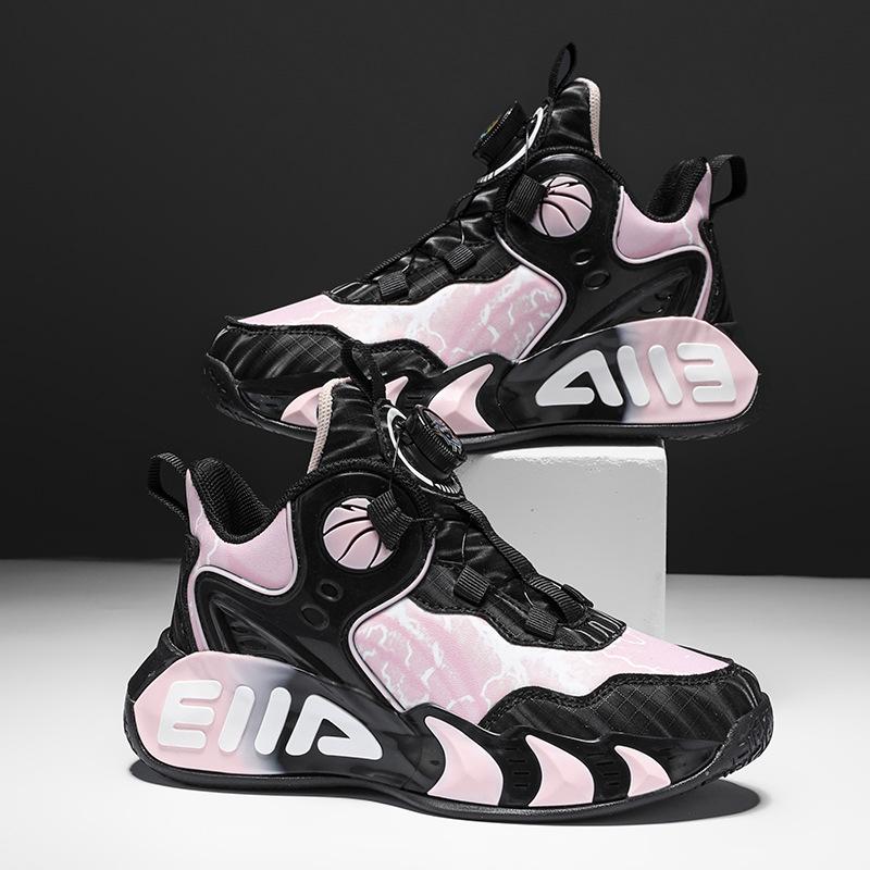 Children's Basketball Shoes Mesh Breathable Men's and Women's Sports Shoes Leather Waterproof Rotating Buckle Free Lace-up Girls Running Shoes