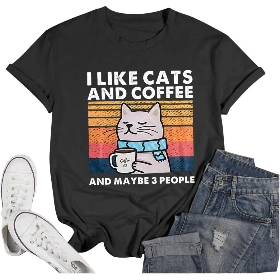 Weiyuqi Cat Shirt Vintage Cat Lover Shirts Graphic T-Shirt I Like Cats and Coffee and Maybe 3 People Coffee Lover Tee Tops S