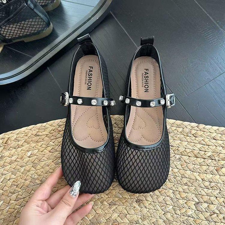 French Flat-bottomed Soft-soled Comfortable Beanie Shoes Women's 2025 Fashion New Mesh-like Soft-soled Versatile Mary Jane Shoes