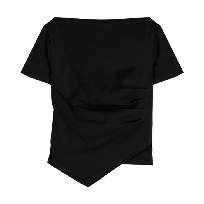 Summer New Women's One-word Shoulder Design Sense with Irregular Short-sleeved T-shirt Spice Girl Black Collarbone Bottoming Shirt